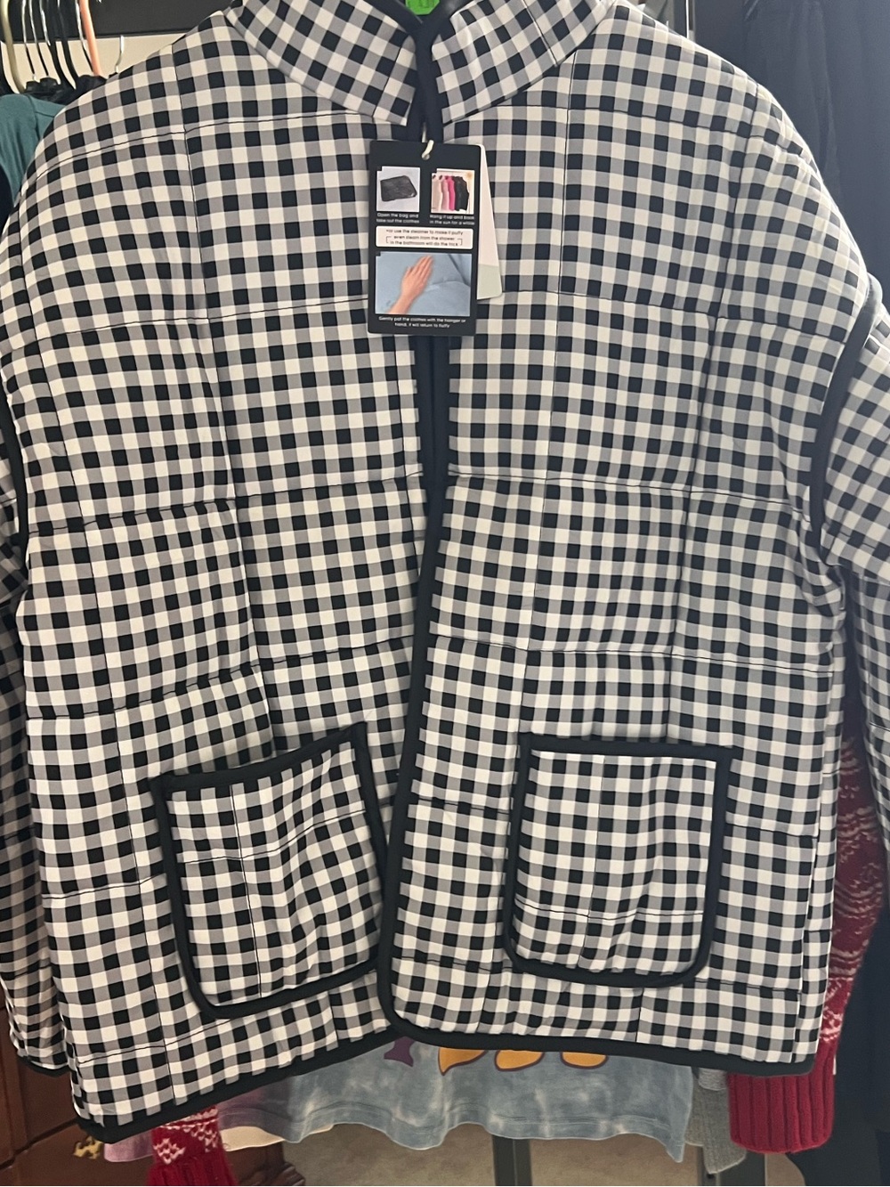 Womens Black & White Gingham Quilted Jacket